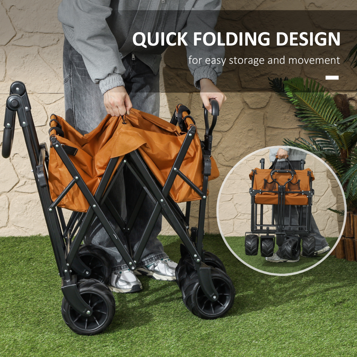 Outsunny Folding Utility Cart with Canopy, 68kg Capacity, Steel Frame & EVA Wheels – Garden Trolley, Orange