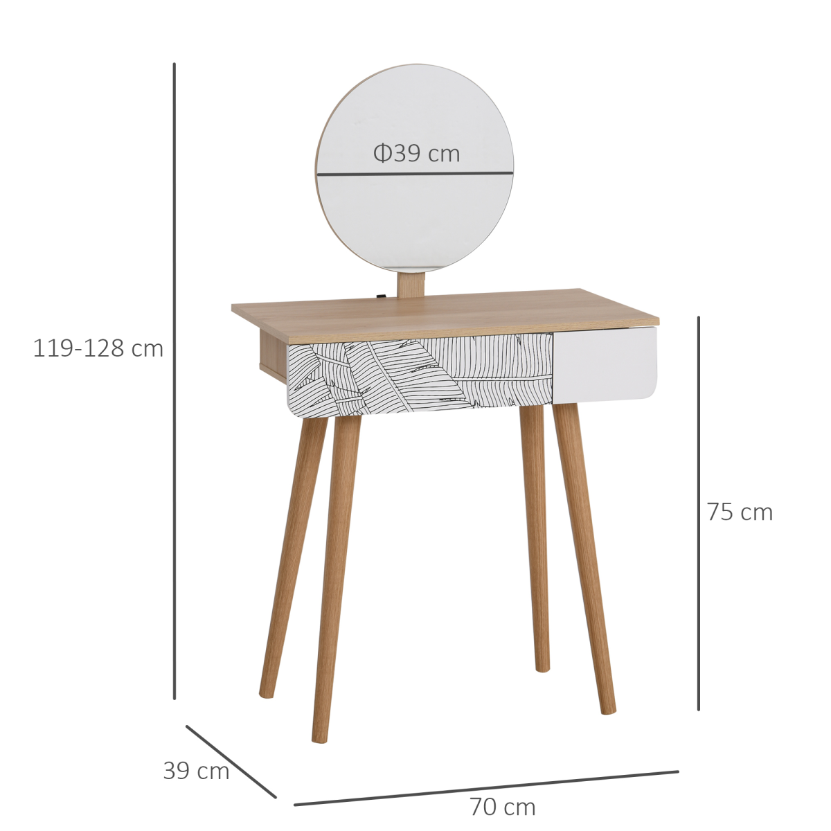 HOMCOM Nordic Dressing Table with Adjustable Round Mirror and Large Drawer – Solid Wood Vanity, Brown/White