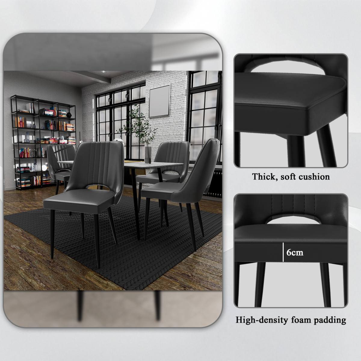 Scandinavian Faux Leather Dining Chair with Cut-Out High Back & Black Metal Legs – Padded Seat, 180kg Load