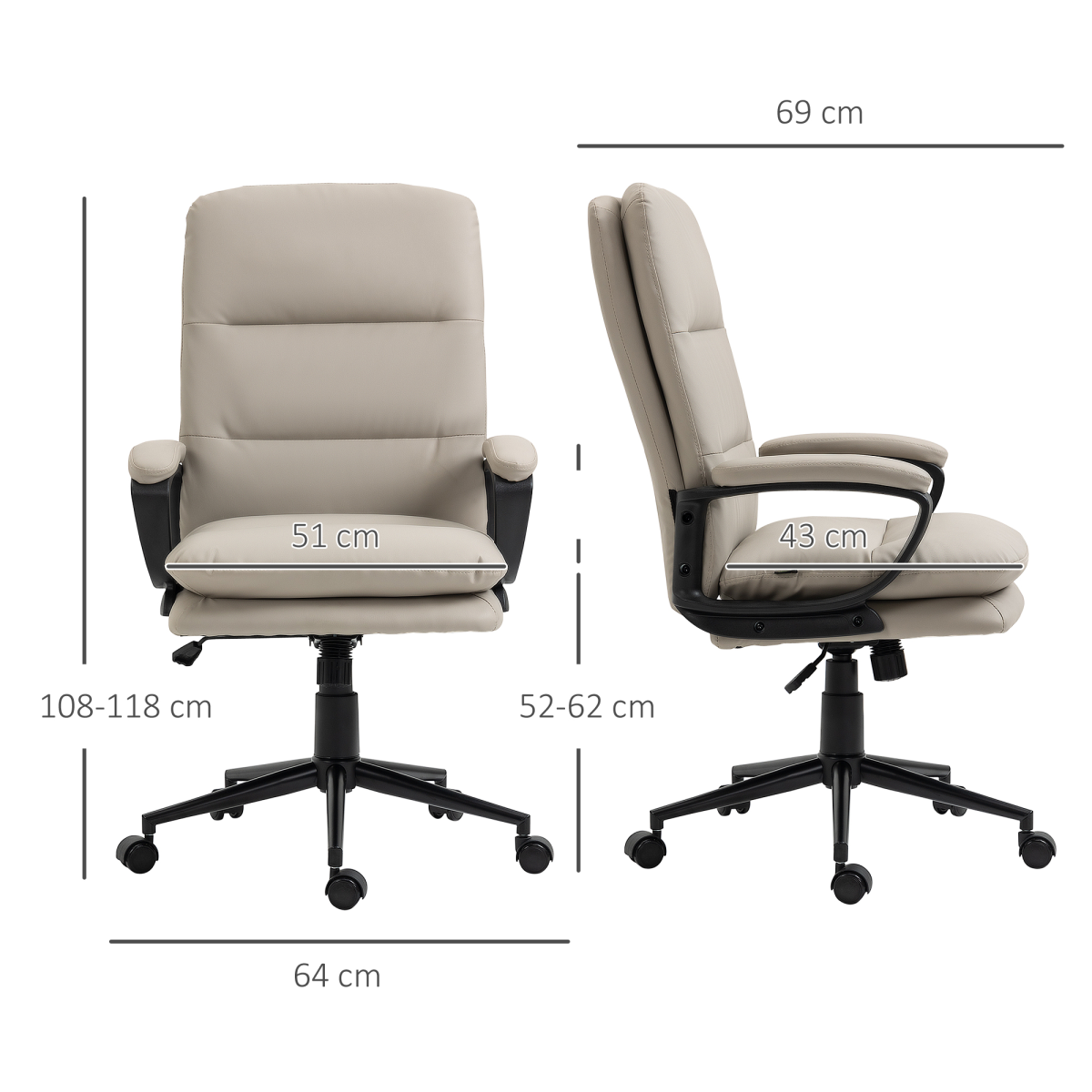Vinsetto PU Leather Home Office Chair with Double-Padded Seat & Armrests – Swivel Desk Chair, Grey