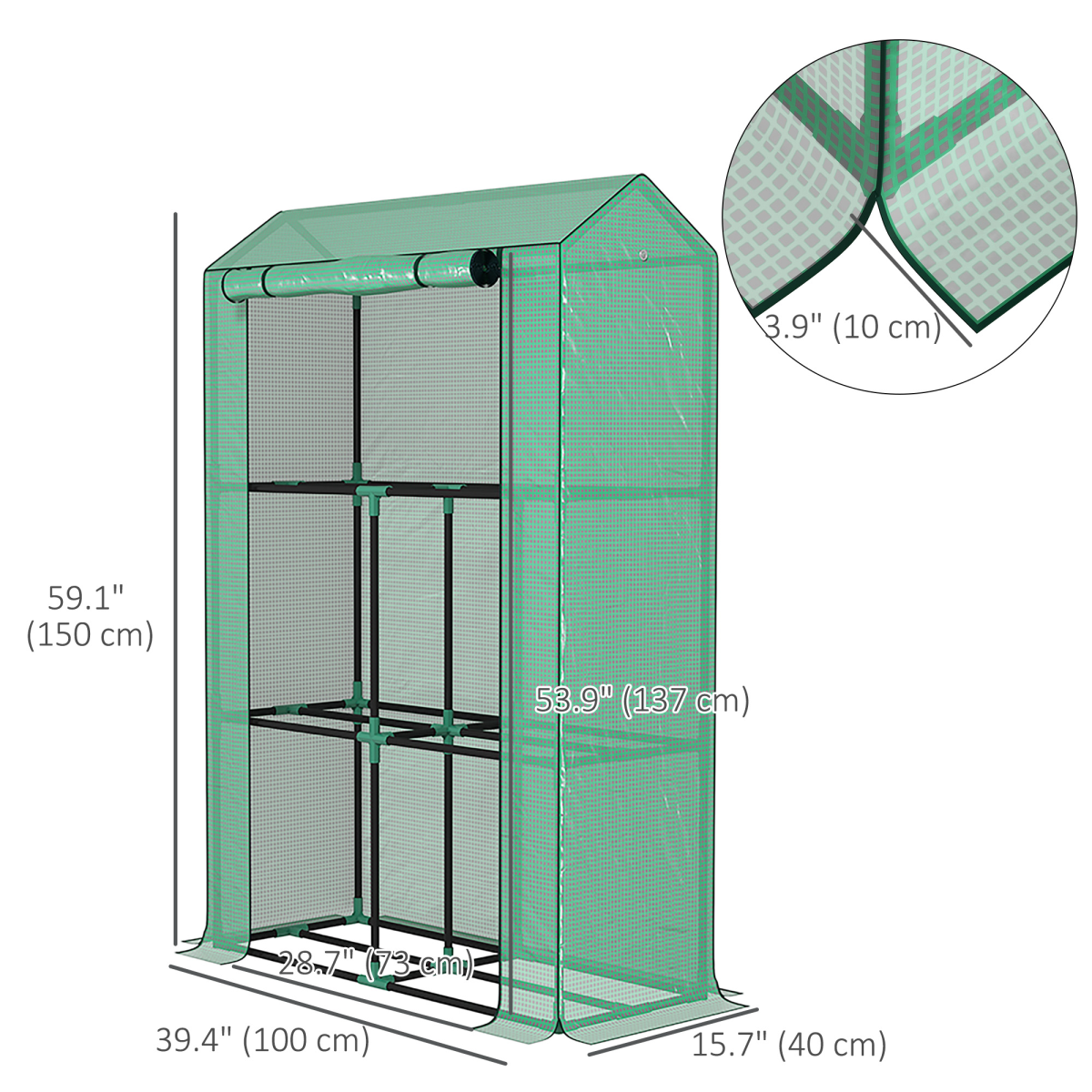 Mini Greenhouse with 3-Tier Shelf & Roll-up Zipped Door – Steel Frame Plant Grow House, 100 x 40 x 150cm, Green