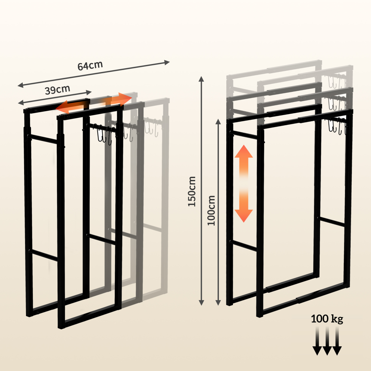 Outsunny Retractable Metal Firewood Log Holder Rack with Hooks, 100–150cm Adjustable – Black