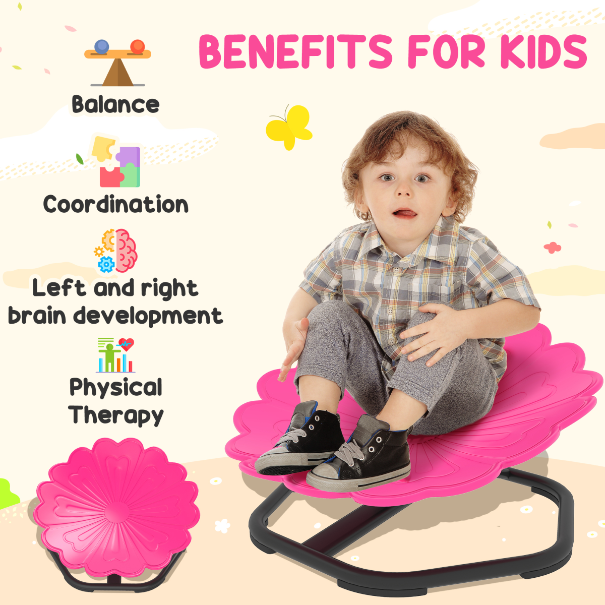 Kids Sensory Spinning Chair with 360° Swivel & Steel Base – Flower-Shaped Seat for Ages 3-6, Pink and Black