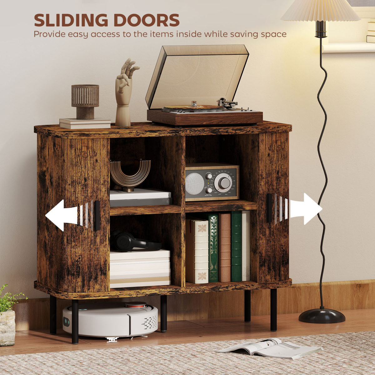 Mid-Century Sideboard with Slatted Tambour Sliding Doors – Kitchen & Hallway Storage Cabinet, Rustic Brown