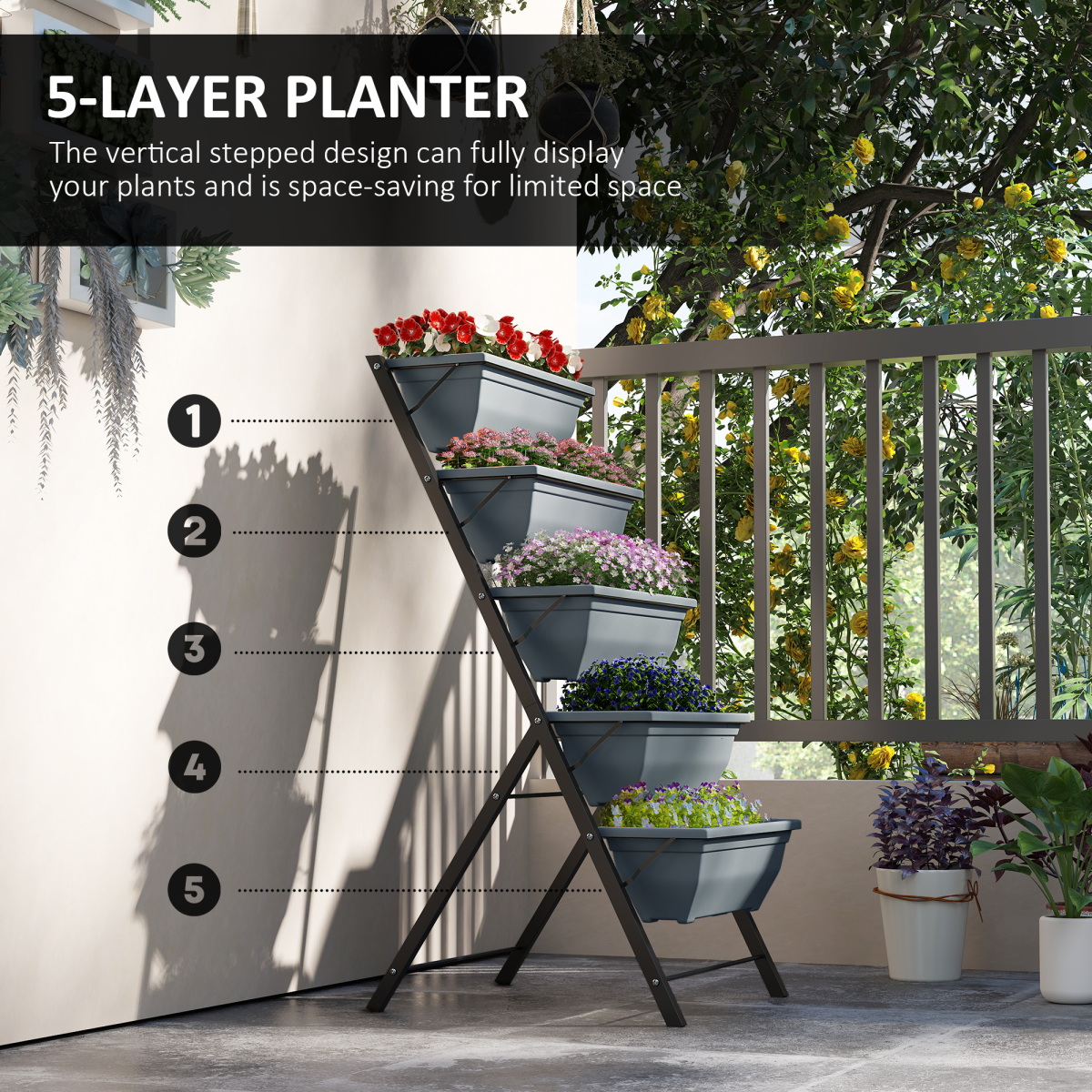 Outsunny 5-Tier Ladder Planter with 5 Removable Boxes – Raised Garden Bed for Balcony & Patio, Grey
