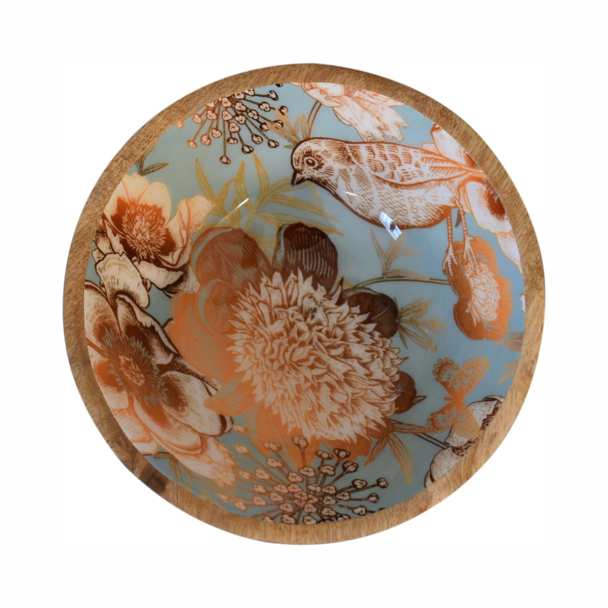 Artisan Furniture Solid Mango Wood Floral Bird Bowl Set of 2 – Handcrafted Decorative Bowls, Beige