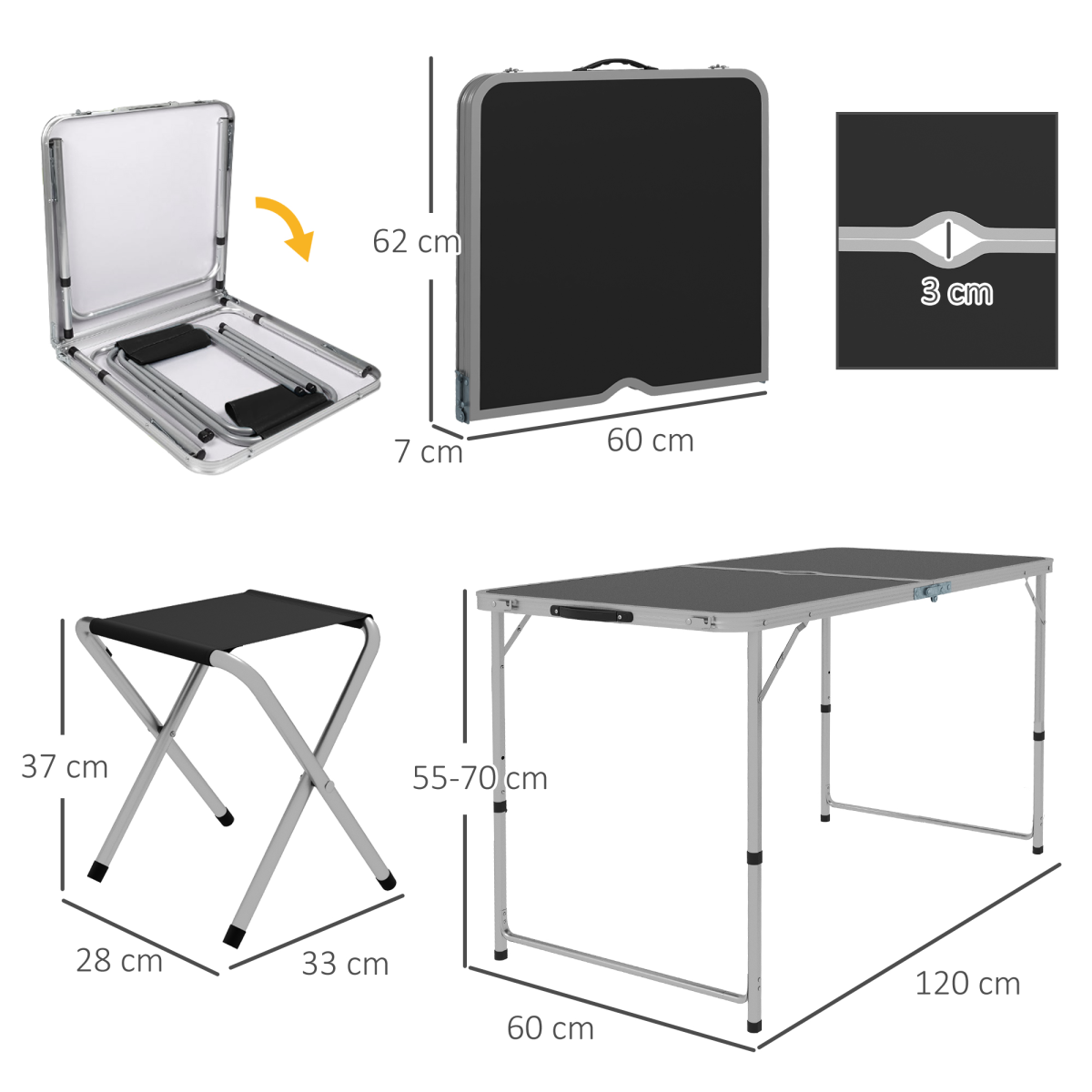 Outsunny Folding Camping Table and 4 Chairs Set with Adjustable Height & Parasol Hole – Aluminium, Black and Silver