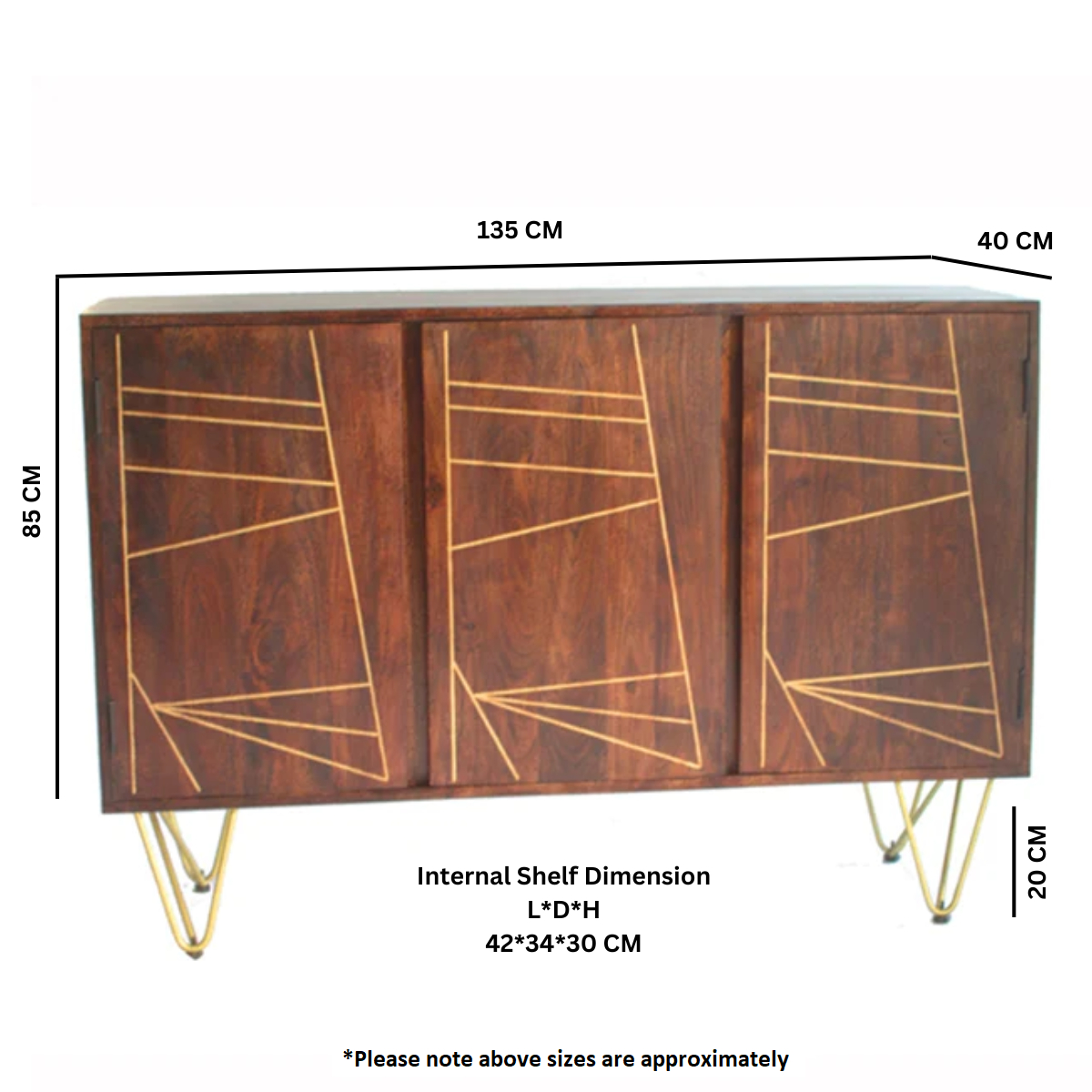 Large Solid Wood Sideboard with Dark Gold Metal Inlay – Spacious Storage Cabinet for Dining & Living Rooms
