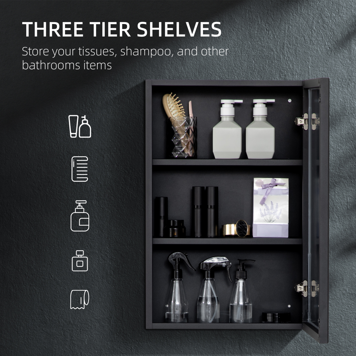 Stainless Steel Bathroom Mirror Cabinet with 3-Tier Shelves – Wall Storage for Toiletries, Jet Black