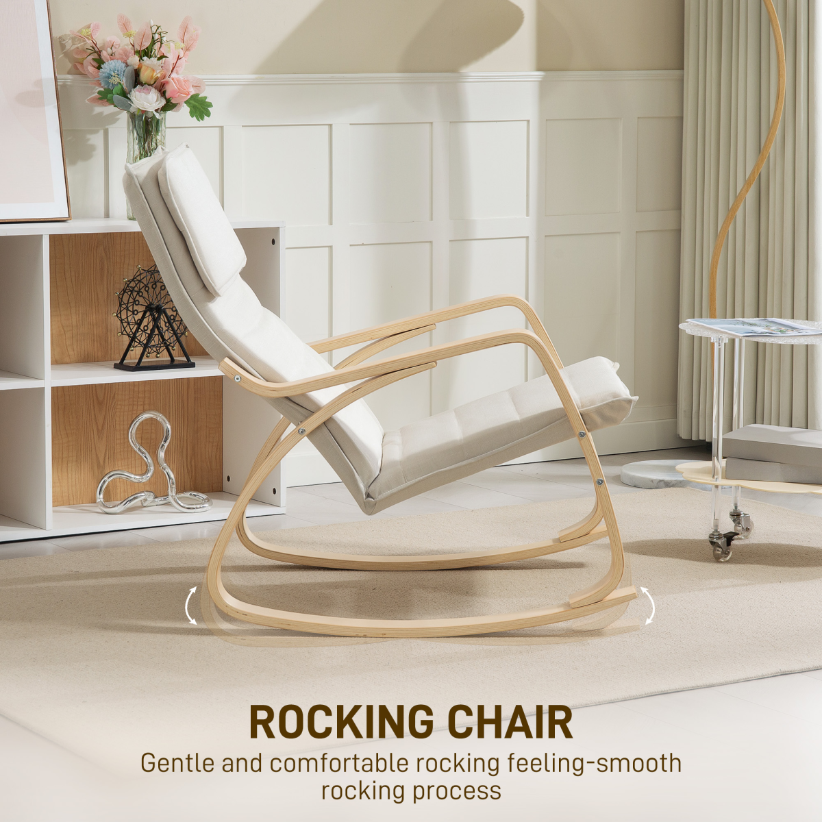 HOMCOM High Back Relax Rocking Chair with Padded Seat & Linen-Feel Fabric – Cream White