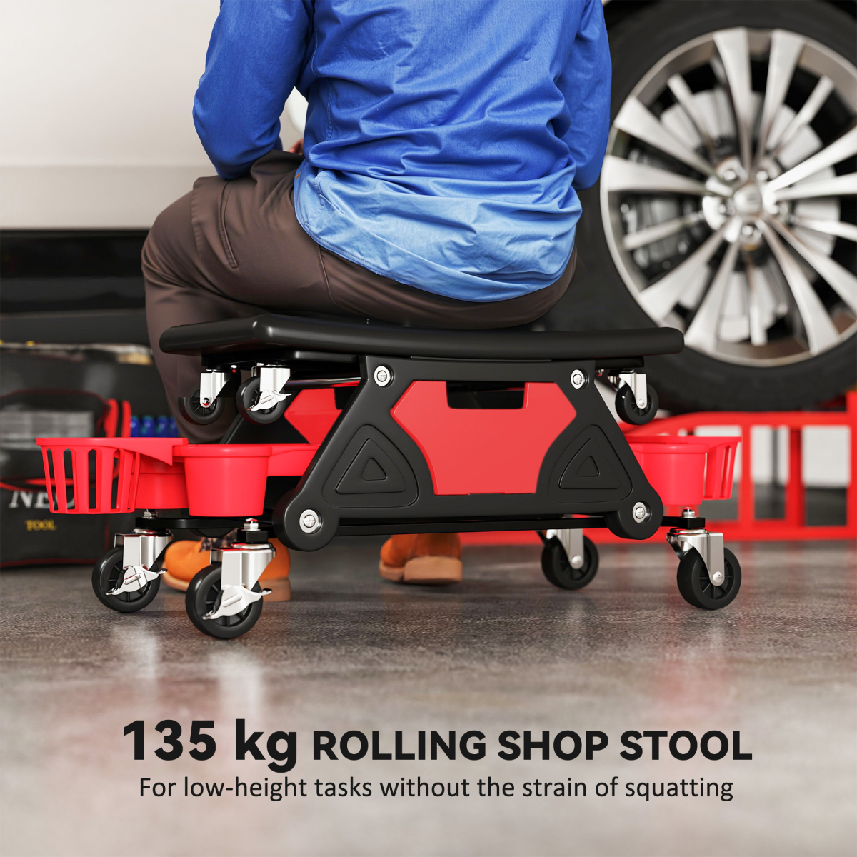 HOMCOM Rolling Mechanic Stool with Detachable Seat & Tool Trays, 135kg Capacity – Workshop Seat, Red