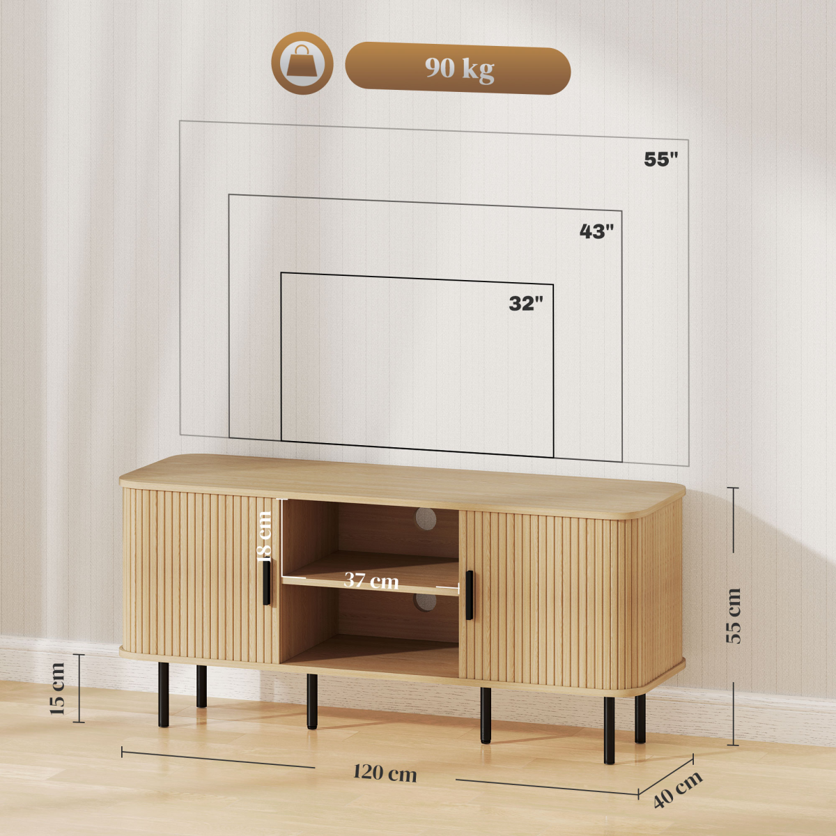 HOMCOM TV Unit with Two Open Shelves, Two Cupboards & Cable Management – Living Room Media Storage, Oak Tone