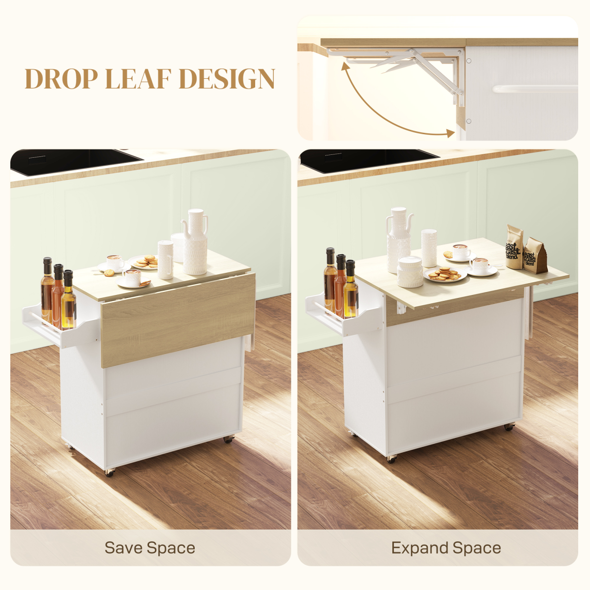HOMCOM Kitchen Island with Drop Leaf, Drawer & Cabinet – Rolling Storage Trolley with Spice Rack, White