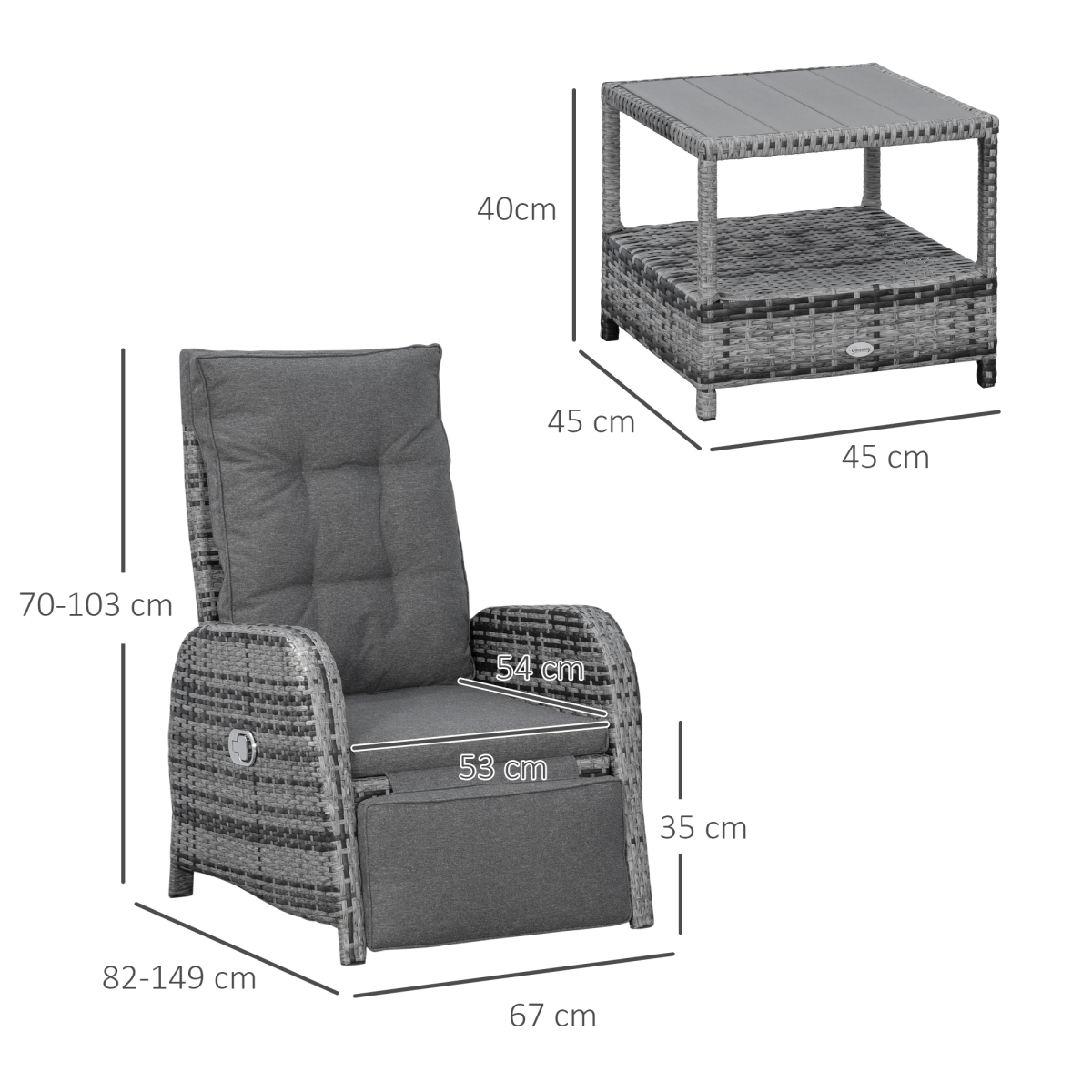 Close-up of the two-tier table on the Outsunny rattan chaise lounge set