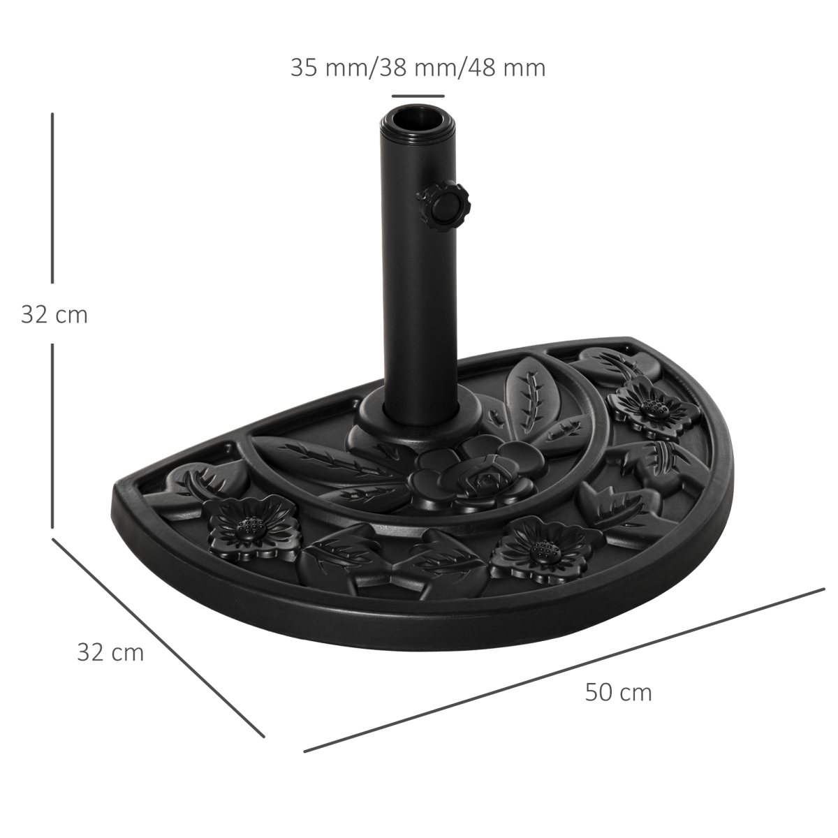 Outsunny Half Round Parasol Base with Flower Engraving – 10kg Weighted Umbrella Stand for Balcony, Black