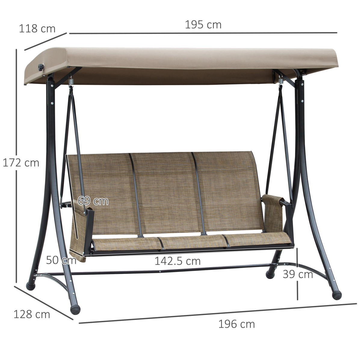Outsunny 3 Person High Back Garden Swing Chair with Adjustable Canopy & Side Pouches – Outdoor Seat, Brown