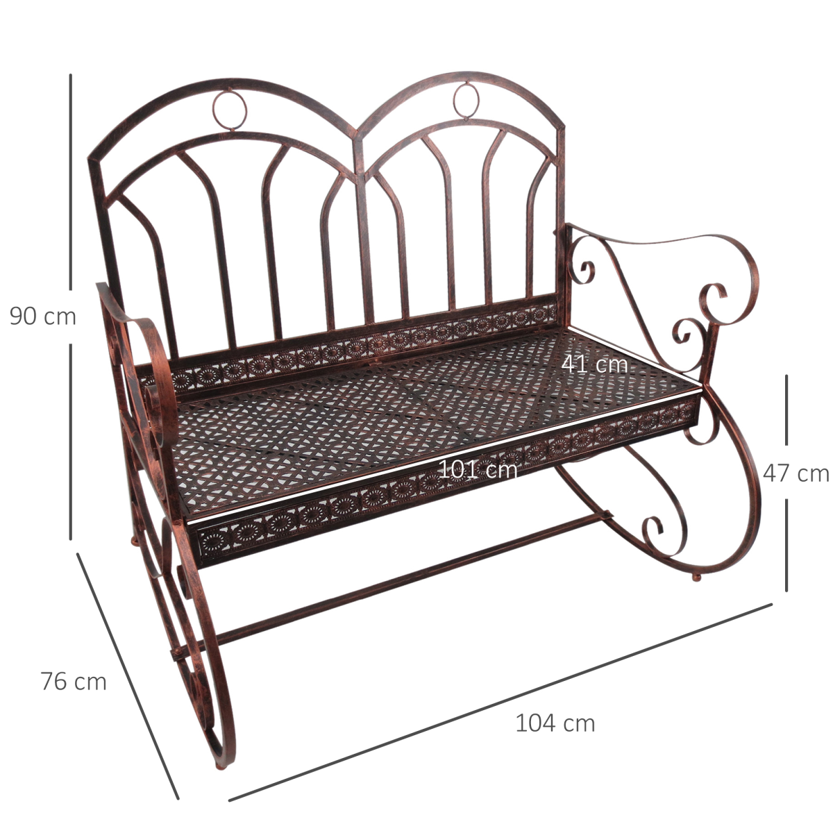 Outsunny Metal Rocking Bench for 2 – Garden Swing Loveseat with Hollow-Carved Seat, Bronze