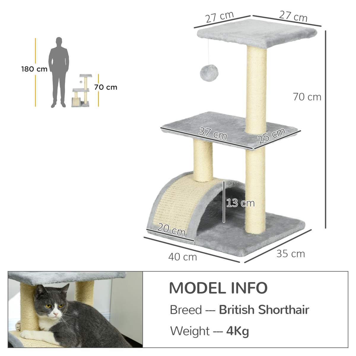 PawHut 72cm Multi-Level Cat Tree Climbing Tower with Sisal Scratching Post and Perches – Light Grey