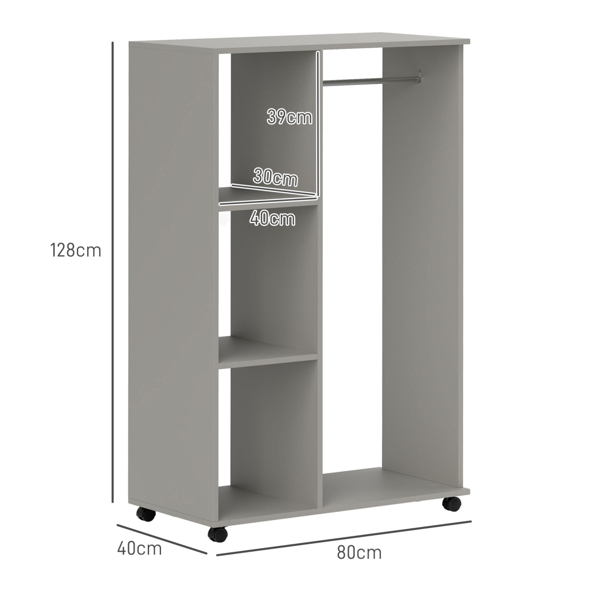 HOMCOM Rolling Open Wardrobe with Hanging Rail & 3 Shelves – Clothes Storage on Wheels, Grey