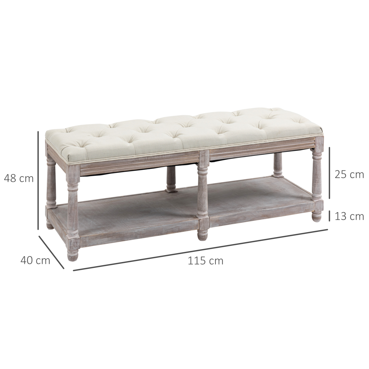 HOMCOM 2-Tier Button-Tufted Bed End Bench with Storage – Cream White Vintage Style