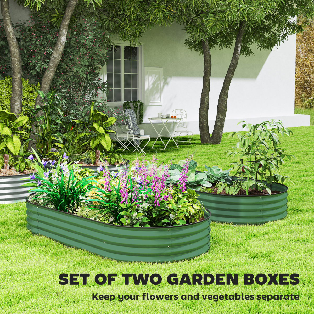 Outsunny Set of 2 Galvanised Steel Raised Garden Planters with Rubber Seal Tops & Open Bottom, Green