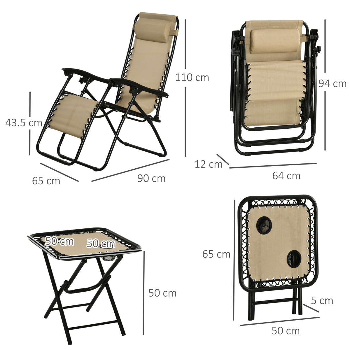 Outsunny 3-Piece Zero Gravity Chairs and Side Table Set with Cup Holders – Foldable Garden Sun Loungers, Beige