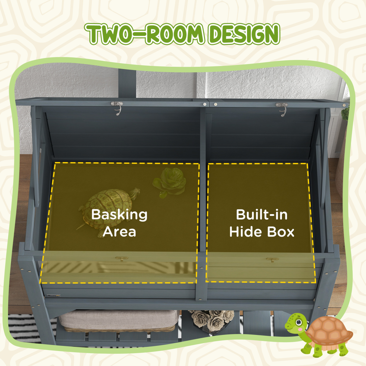 PawHut Wooden Tortoise House with Run, Shelter, Bottom Shelf & Lamp Holder – Habitat, Grey