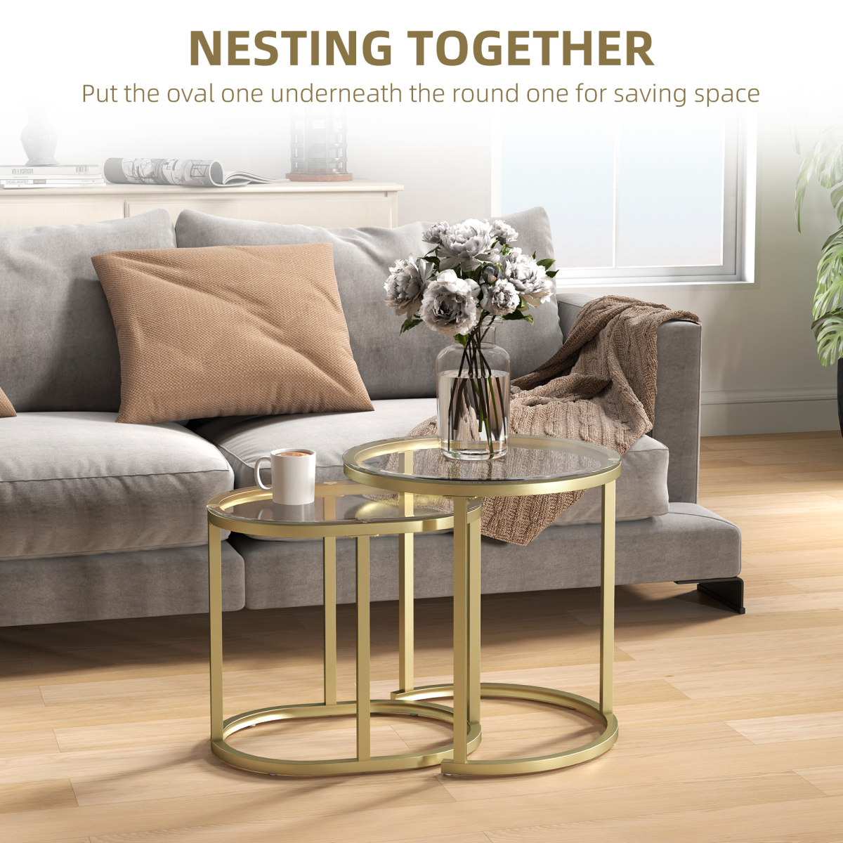 HOMCOM Glass Accent Table Set with Gold Tone Steel Frames – Round & Oblong Side Tables, Clear Tempered Glass
