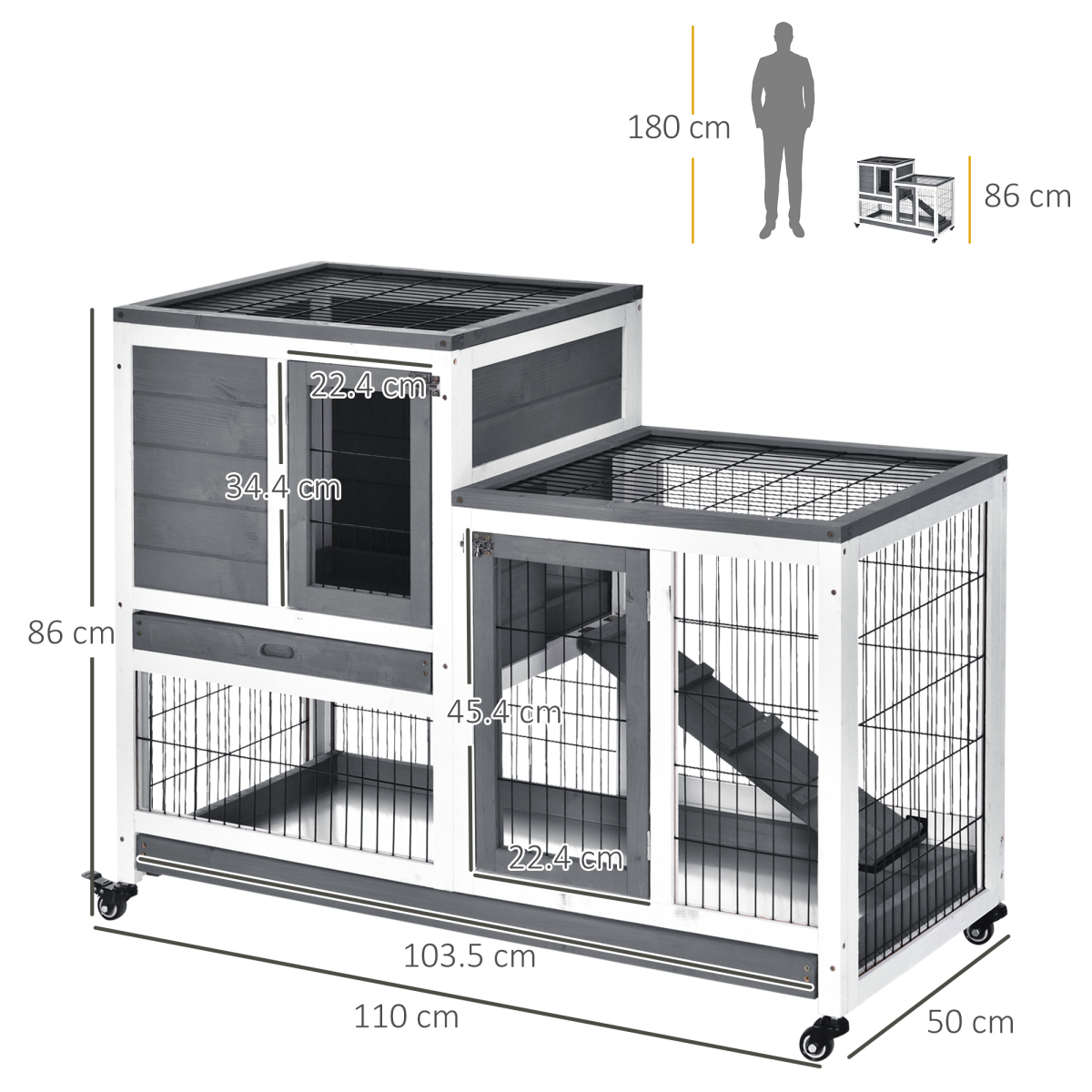 PawHut Wooden Two-Tier Rabbit Hutch with Wheels, Ramp and Slide-Out Trays – Indoor Guinea Pig House
