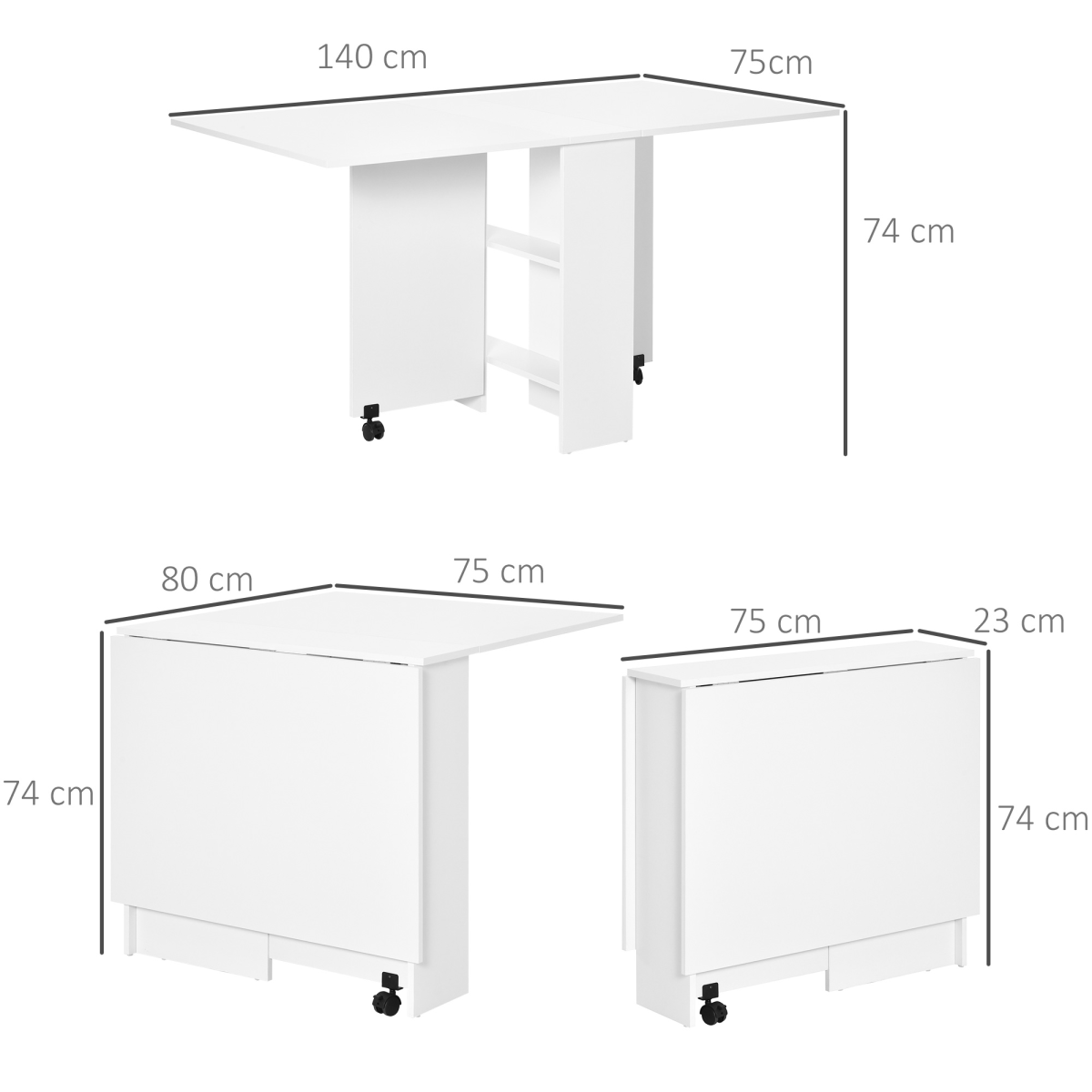 HOMCOM Mobile Drop Leaf Kitchen Table with Storage Shelves & Wheels – Space-Saving Dining Table, White
