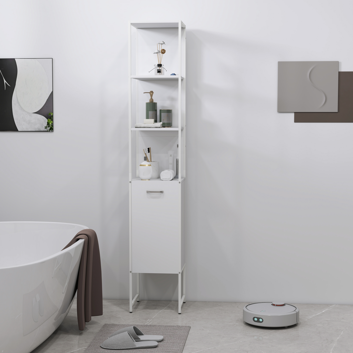 White Bathroom Storage Cabinet with Open & Closed Compartments – Freestanding Organiser