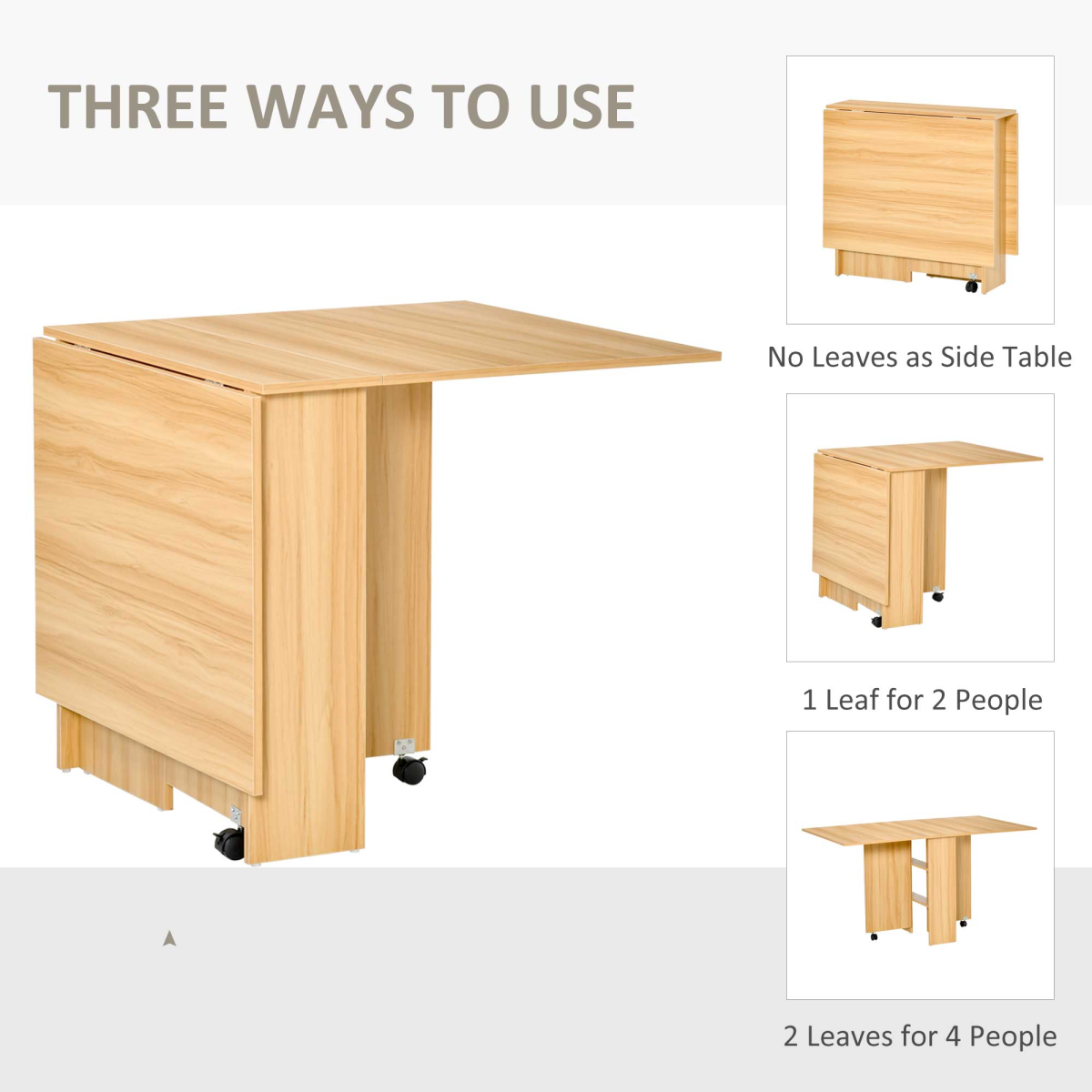HOMCOM Folding Drop-Leaf Dining Table with 2 Storage Shelves & Lockable Wheels – Space-Saving, Teak
