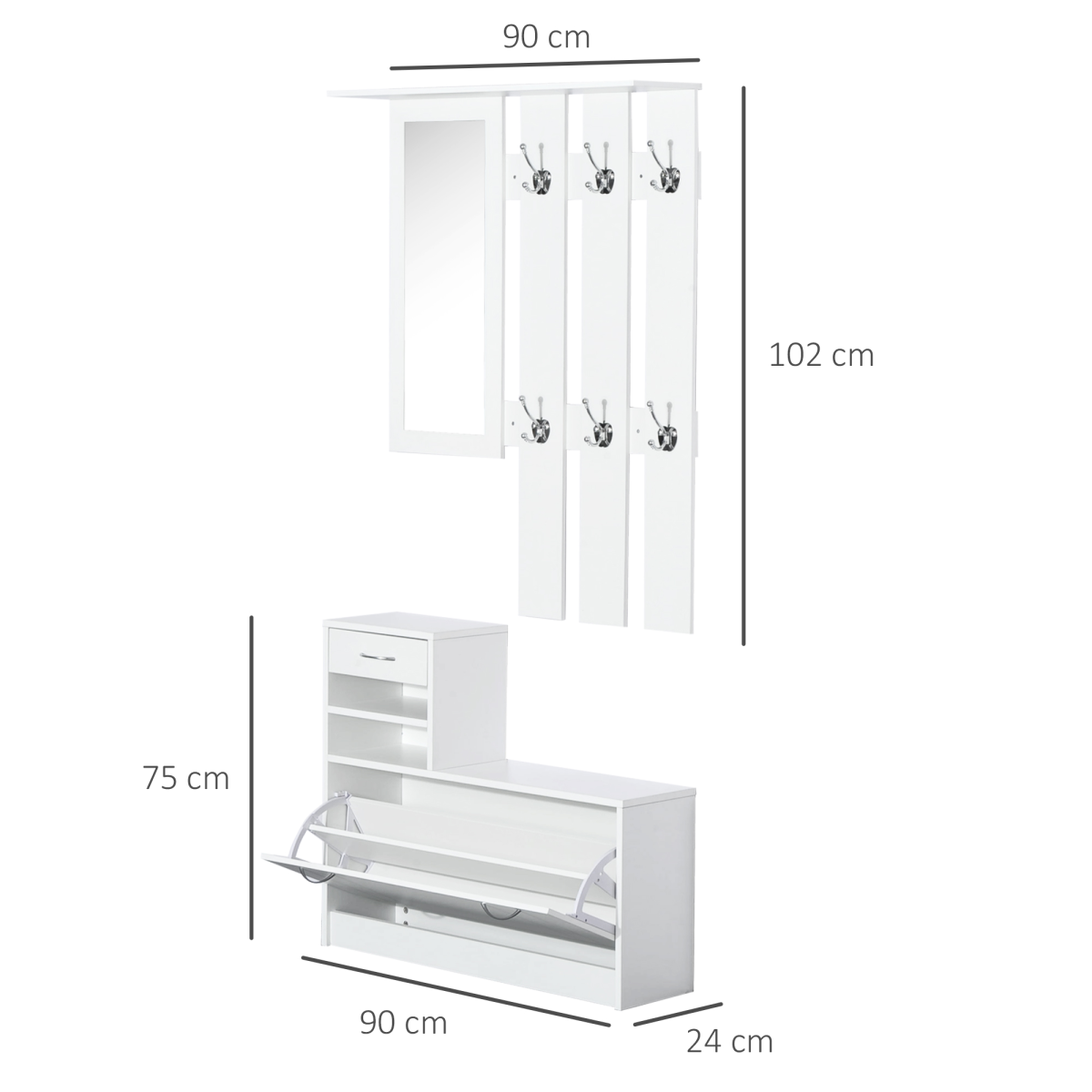HOMCOM 3-in-1 Entryway Organiser with Mirror, Hooks & Shoe Storage Drawers – Hallway Unit