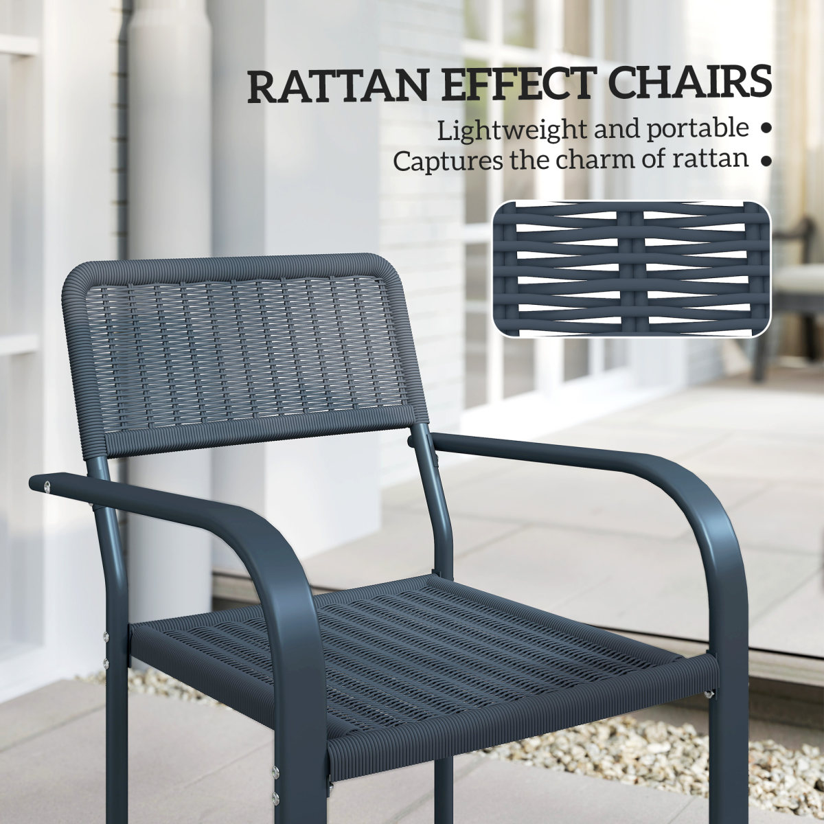 Outsunny Set of 4 Stackable Garden Chairs with Rattan Effect & Steel Frame – Space-Saving Patio Seating, Dark Grey