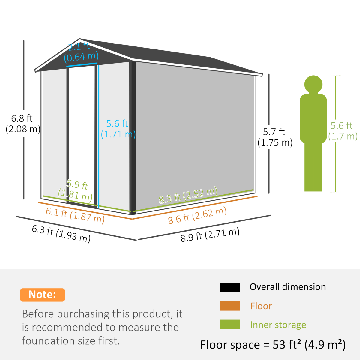 Outsunny 9 x 6ft Galvanised Metal Garden Shed with Lockable Door and Window – Tool Storage, Grey and White