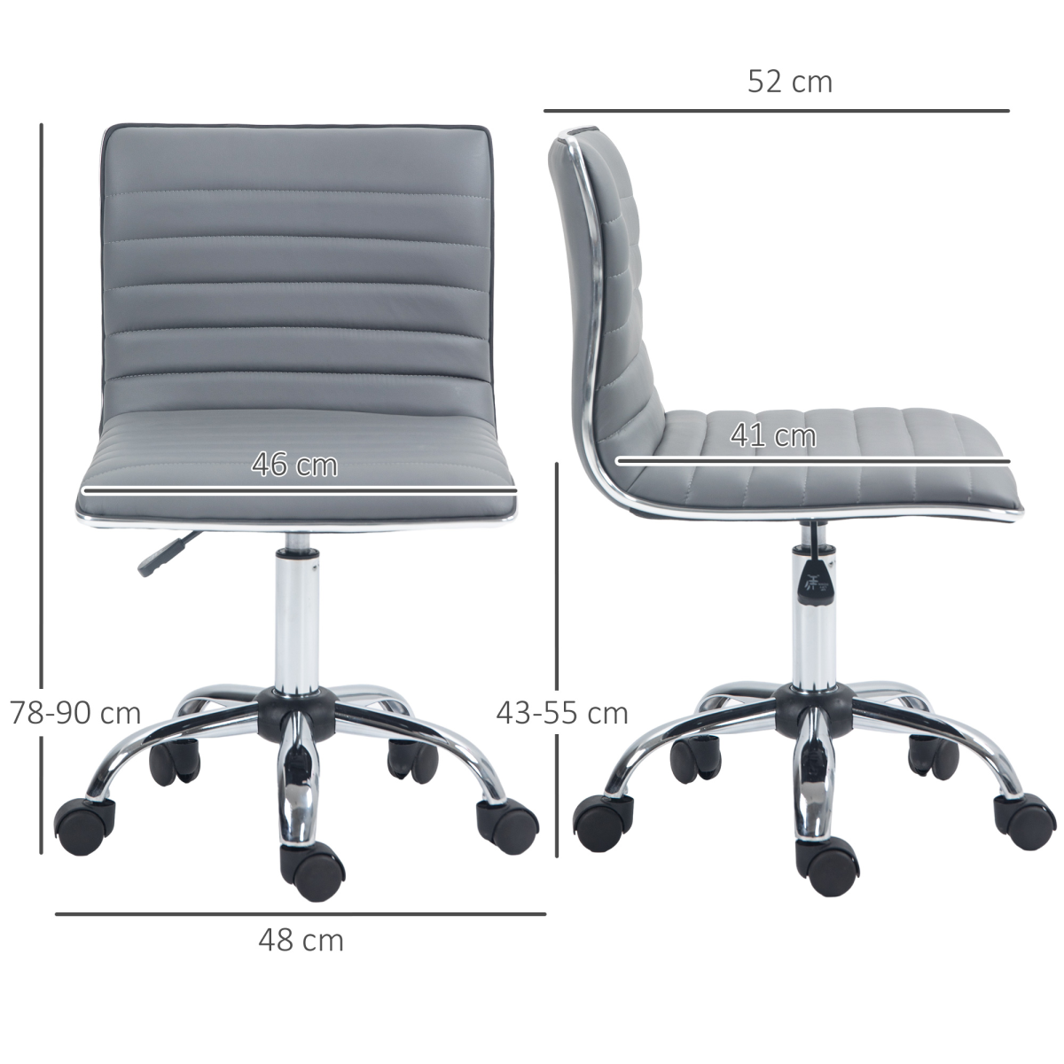 HOMCOM Armless Mid-Back Office Chair with 360° Swivel & Height Adjustment – PU Leather Desk Chair, Light Grey