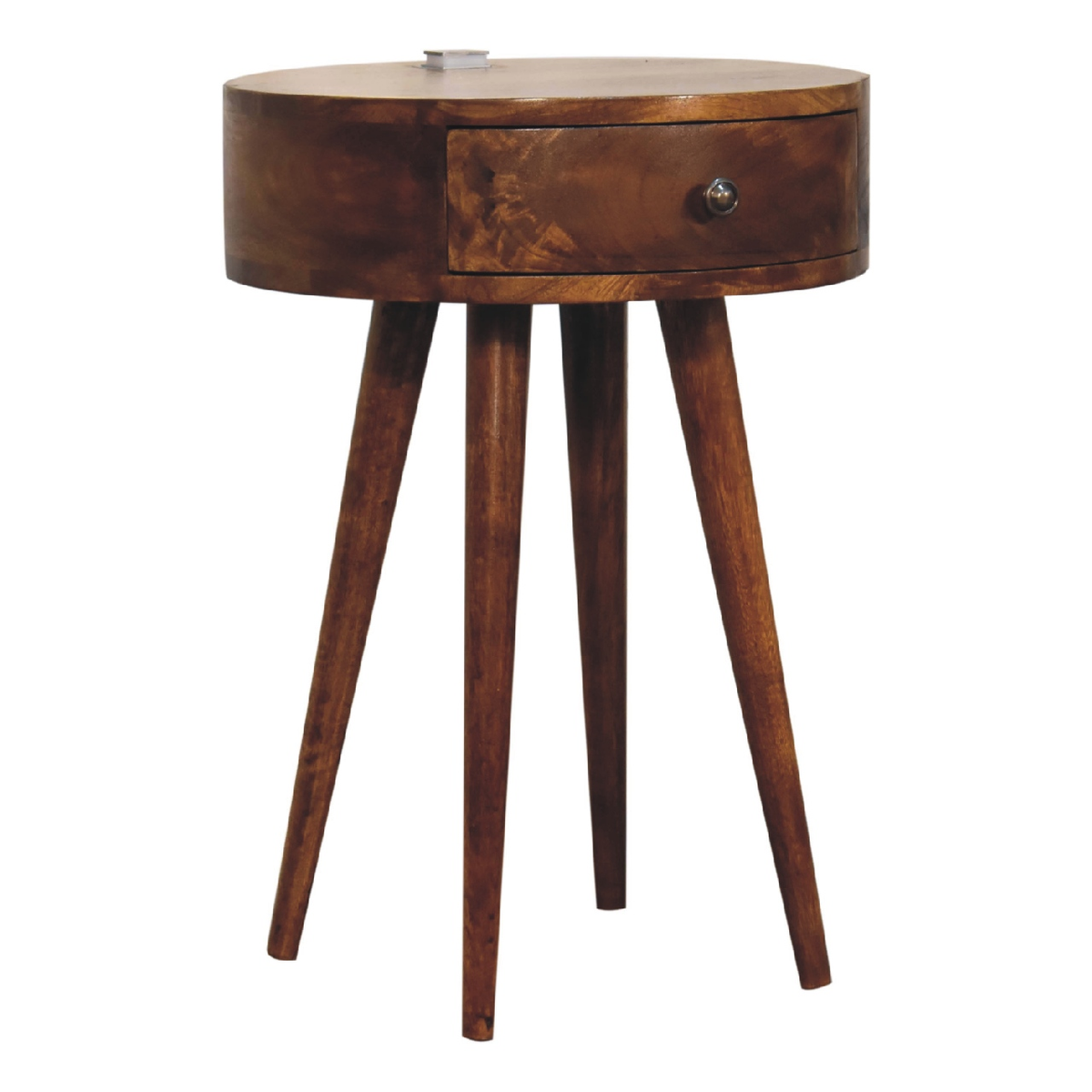 Artisan Furniture Solid Wood Chestnut Bedside Table with Drawer & Brass Knob – Rounded Edges, Dark Brown