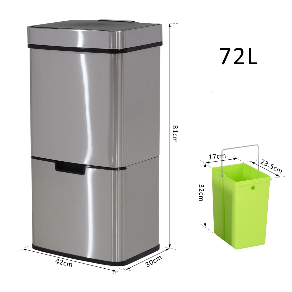 HOMCOM 3-Compartment Motion Sensor Recycling Bin with Removable Lid – Stainless Steel Kitchen Waste Sorter