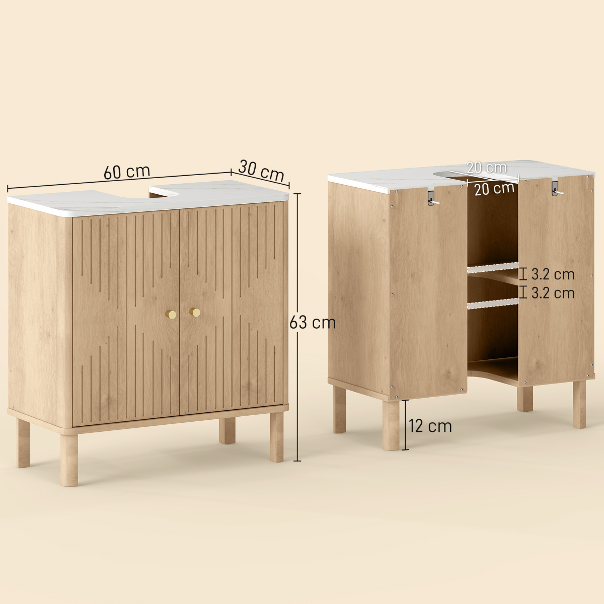 HOMCOM Under Sink Bathroom Cabinet with U-Shaped Cut-Out, Fluted Doors and Gold-Tone Handles – Oak