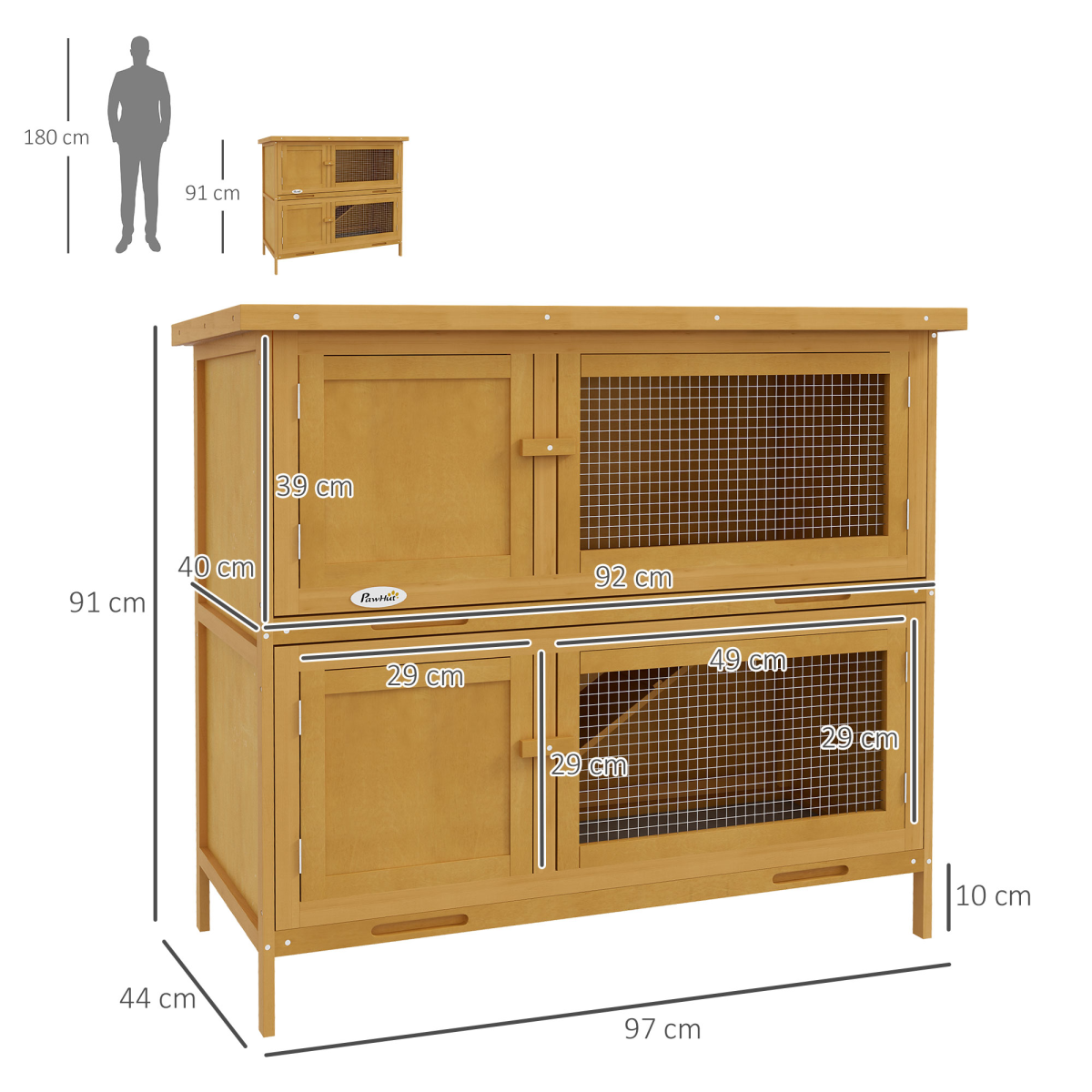 PawHut Double Decker Wooden Rabbit Hutch with Ramp, Trays and Asphalt Roof – Outdoor Bunny Cage, Yellow