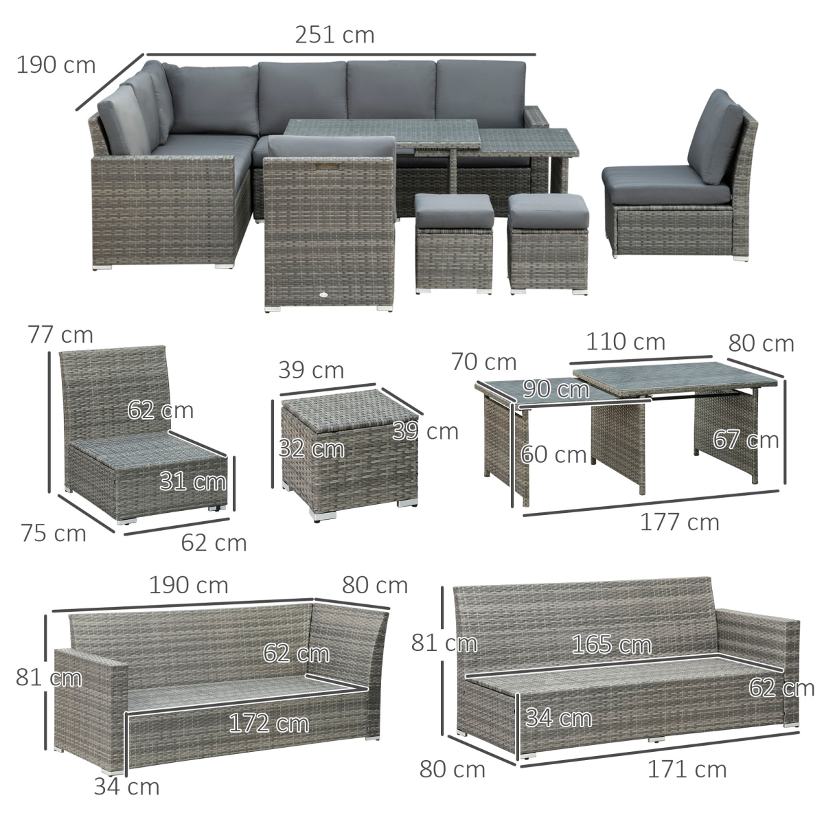 Outsunny 7-Piece Rattan Garden Sofa Set for 10 with Cushions, Footstools & Expandable Glass Table – Outdoor Sectional