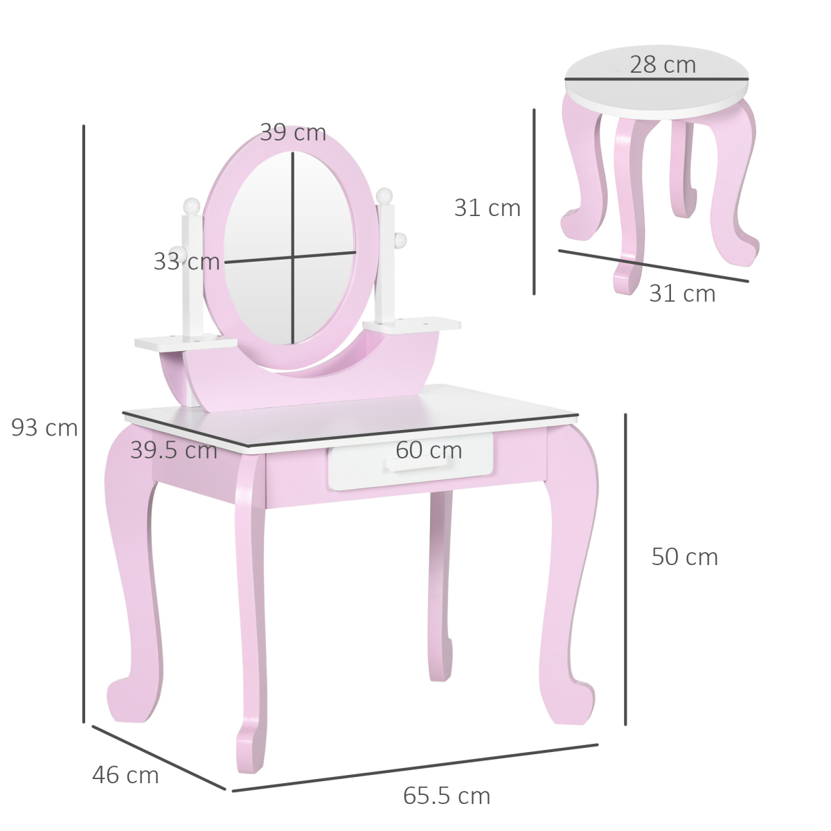 ZONEKIZ Kids Dressing Table with Mirror, Stool & Storage Drawer – Pink Vanity Set for Ages 3-6