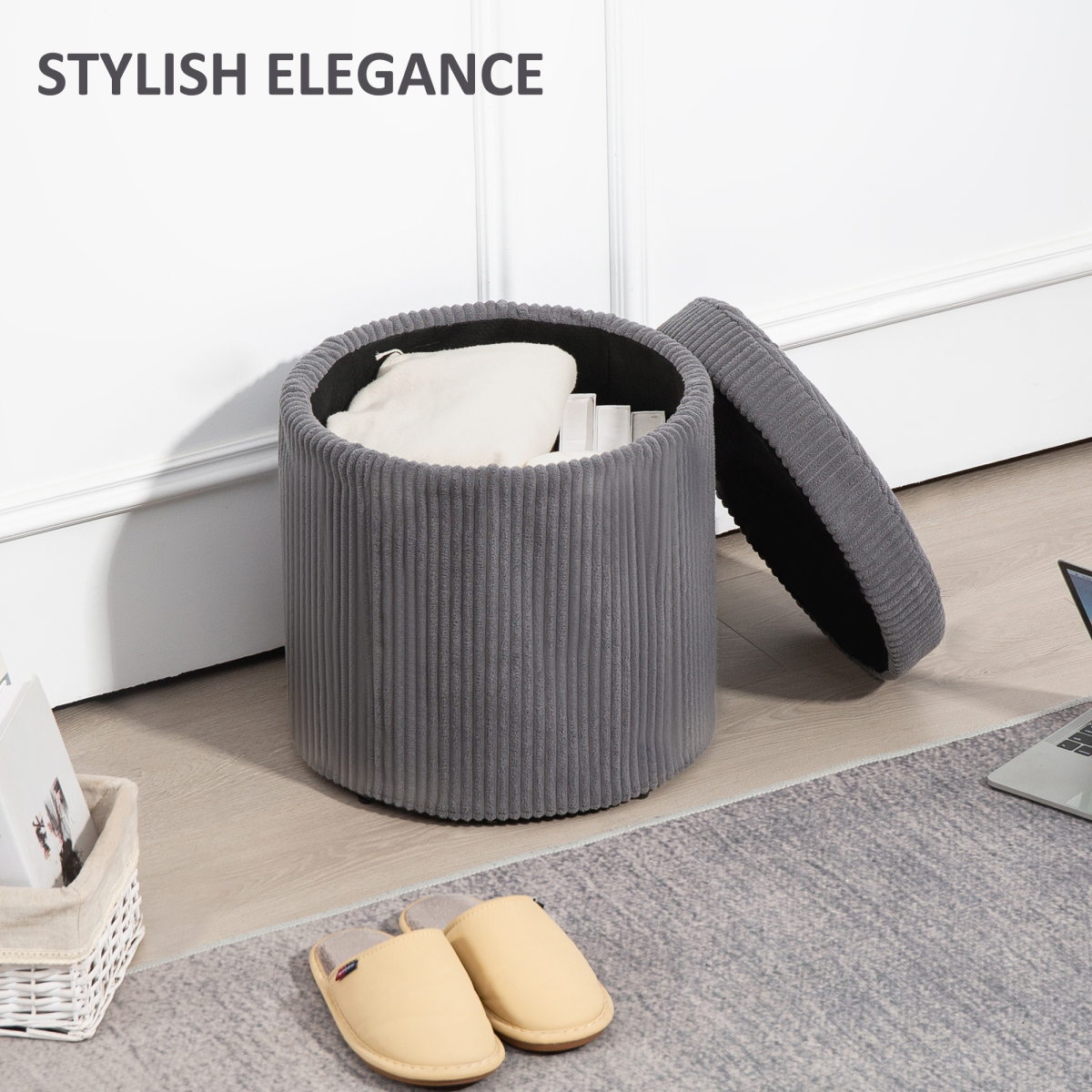 Corduroy Storage Ottoman Footstool with Lift-Off Lid – Extra Seat for Living Room & Bedroom