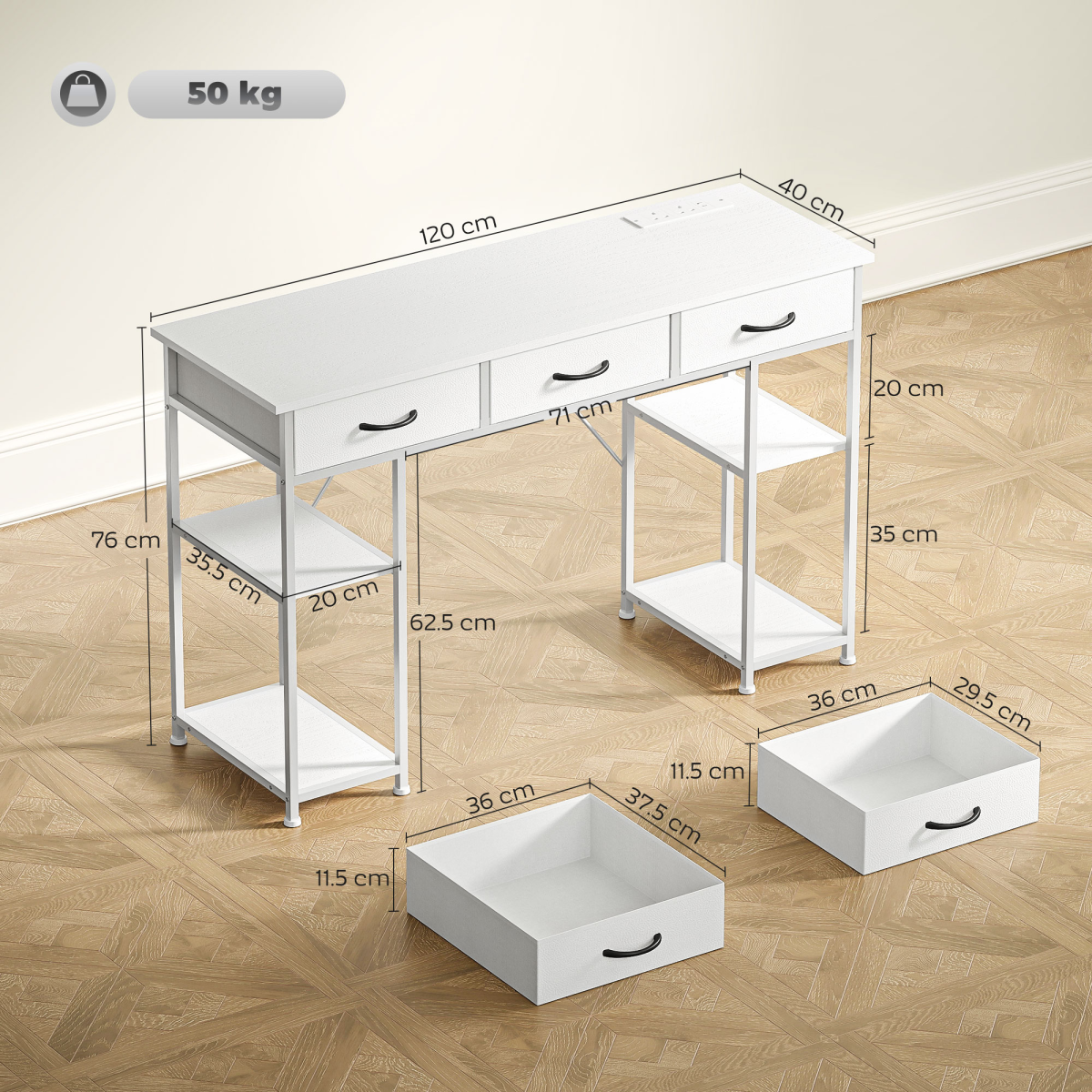 Computer Desk with Charging Station, 3 Fabric Drawers & 4 Shelves – Home Office Writing Table, White