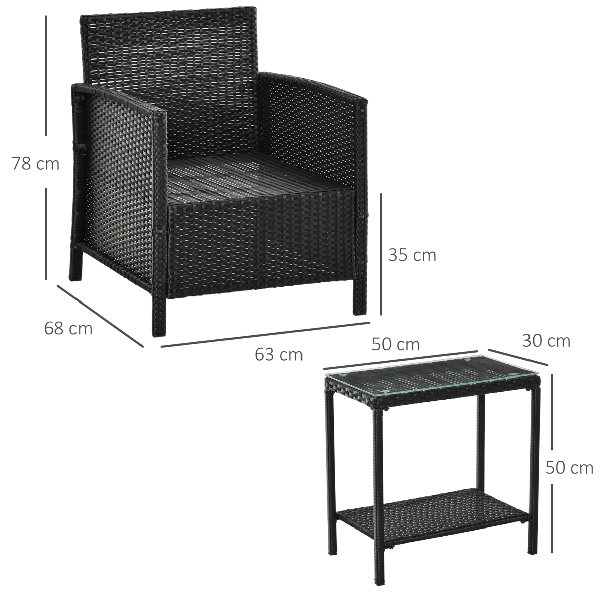 Outsunny 3-Piece PE Rattan Bistro Set with 2 Cushioned Armchairs & Glass Top Table – Garden, Black