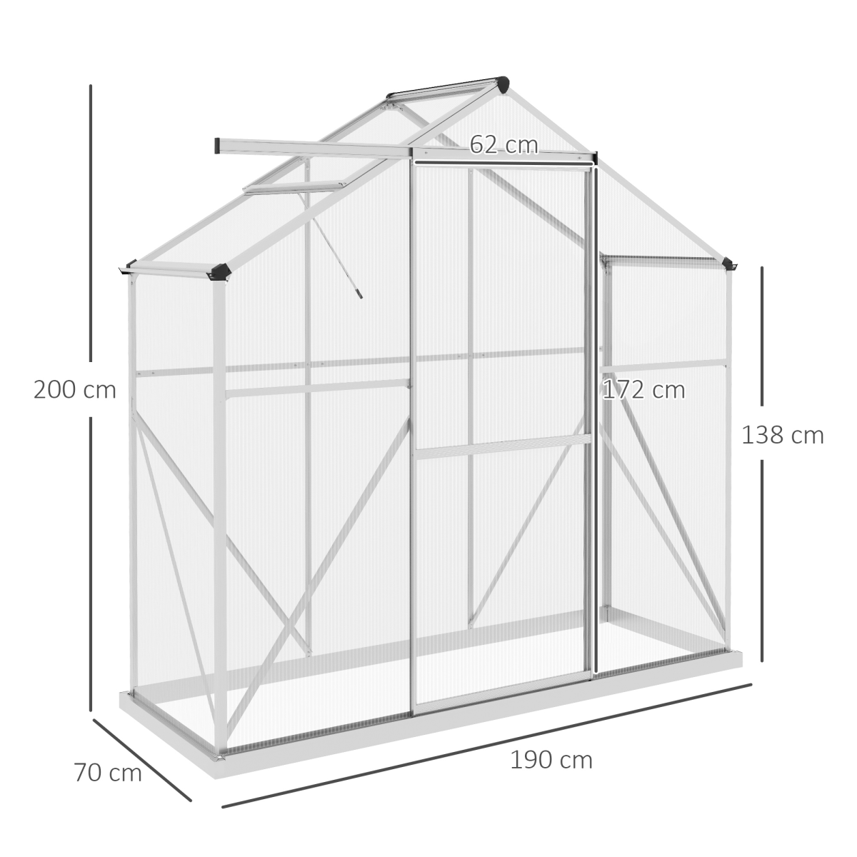 Outsunny 6 x 2.5ft Polycarbonate Greenhouse with Aluminium Frame & Sliding Door – Adjustable Vent, Silver