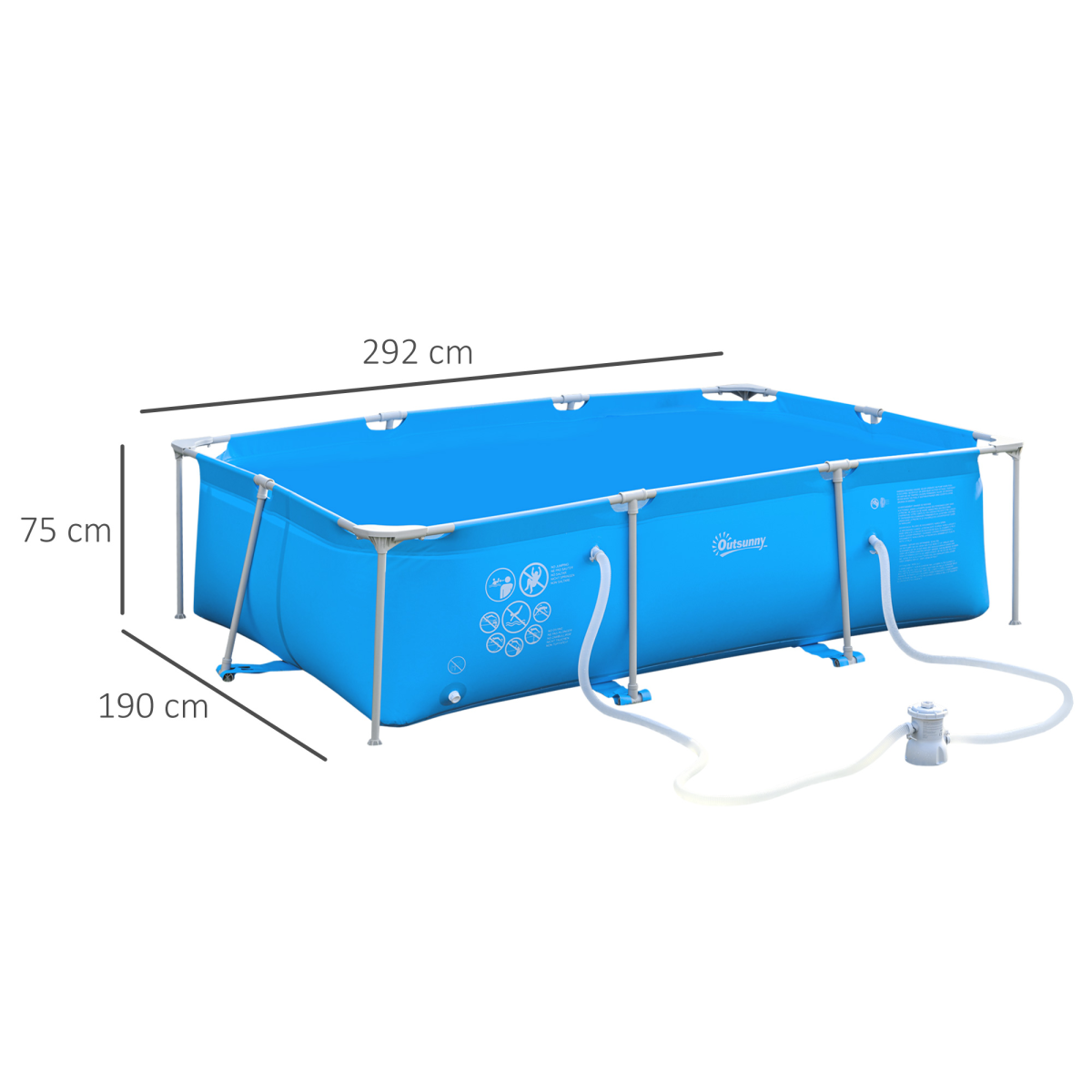 Outsunny Steel Frame Swimming Pool with Filter Pump, 315 x 225 x 75cm – Garden Family Pool, Blue