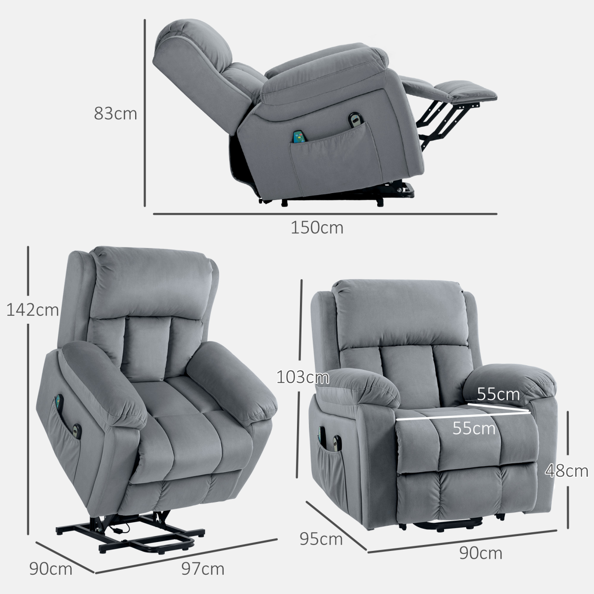 HOMCOM Riser & Recliner Lift Chair with Electric Lift, Vibration Massage & Heat – Remote Control, Grey
