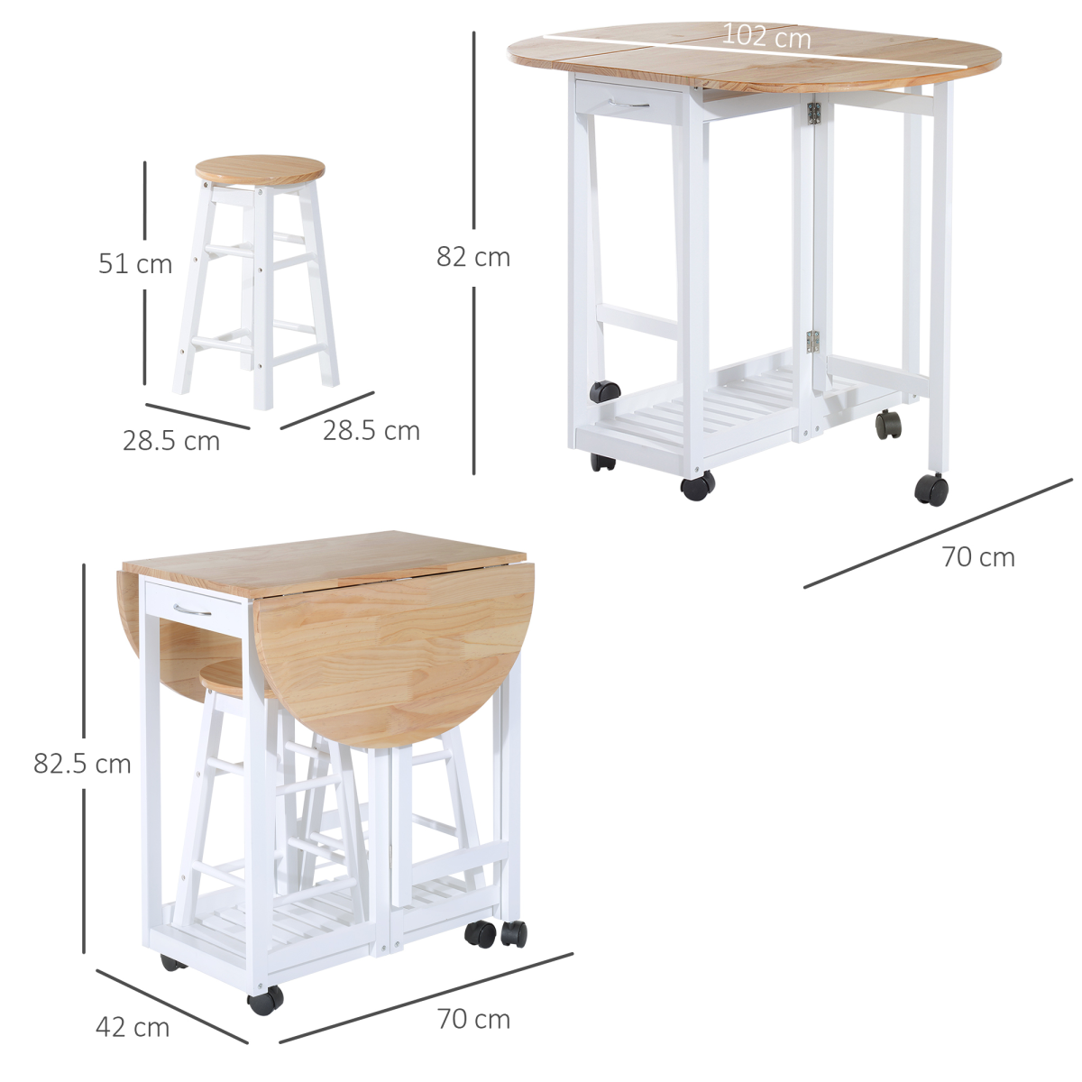 3-Piece Wooden Kitchen Cart with 2 Folding Stools, Drawers & Castor Wheels – Breakfast Bar Set for Small Kitchens