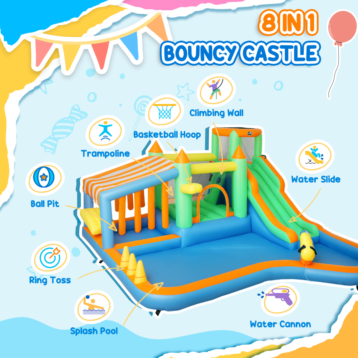 AIYAPLAY Bouncy Castle with Ball Pit, Slide, Splash Pool & 680W Blower – Garden Inflatable for Up to 4 Kids
